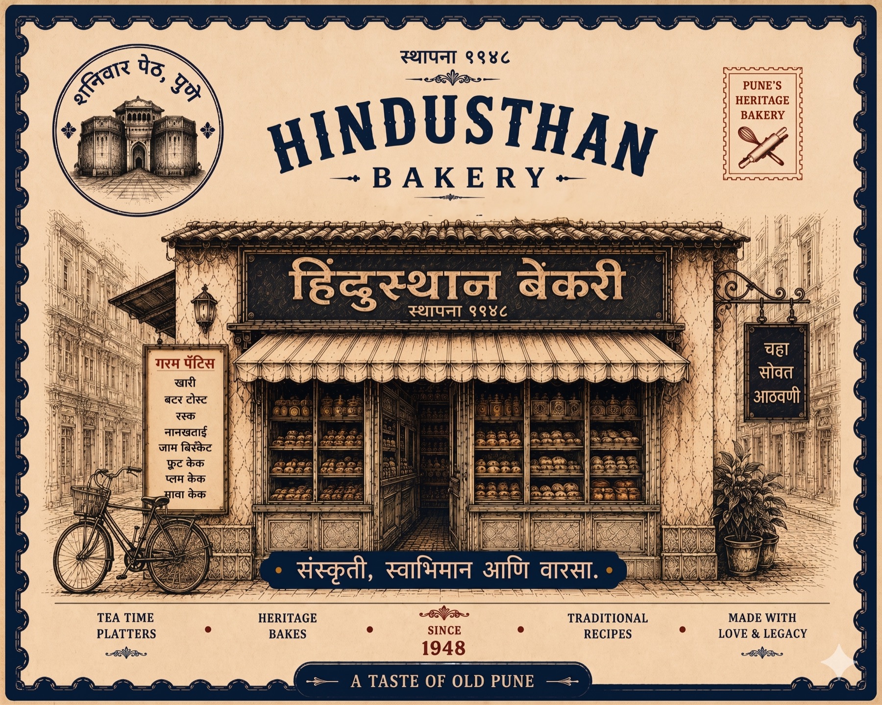 Illustrated heritage poster of Hindustan Bakery storefront